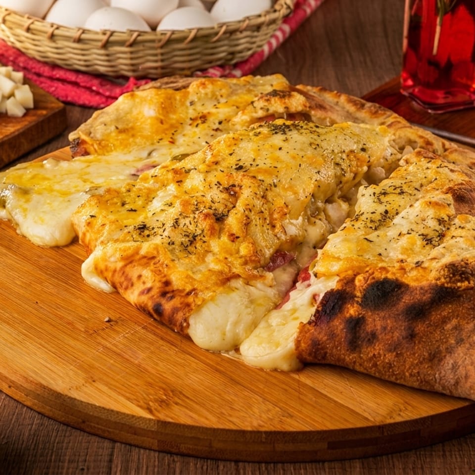 Cheesy calzone slices on a wooden board, surrounded by olives, spices, and sauces.