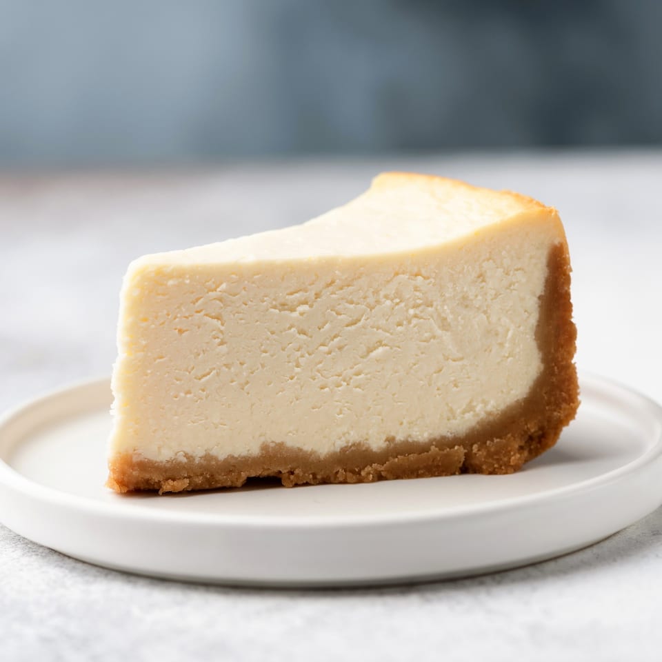 A slice of classic cheesecake with a graham cracker crust on a white plate.