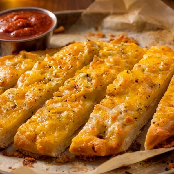 Cheesy garlic breadsticks with herbs and a side of marinara sauce on a metal tray.