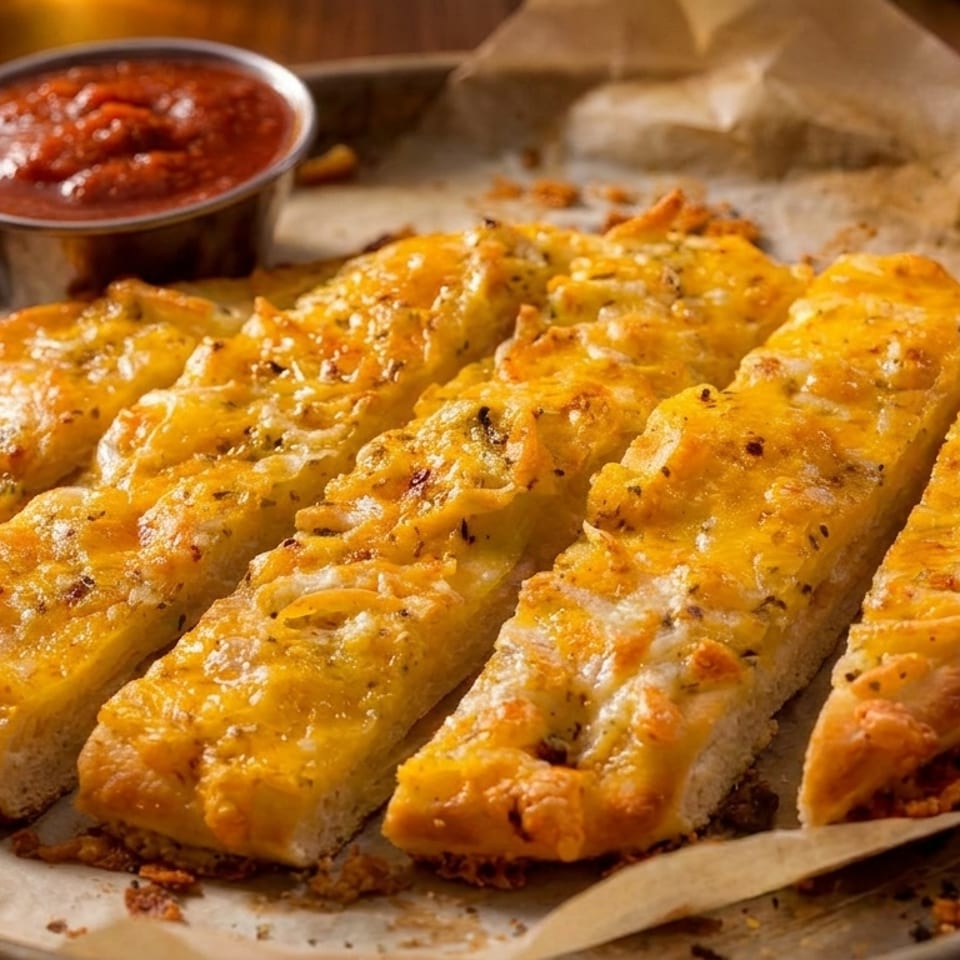 Cheesy garlic breadsticks with herbs and a side of marinara sauce on a metal tray.