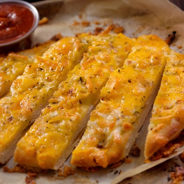 Cheesy garlic breadsticks with herbs and a side of marinara sauce on parchment paper.