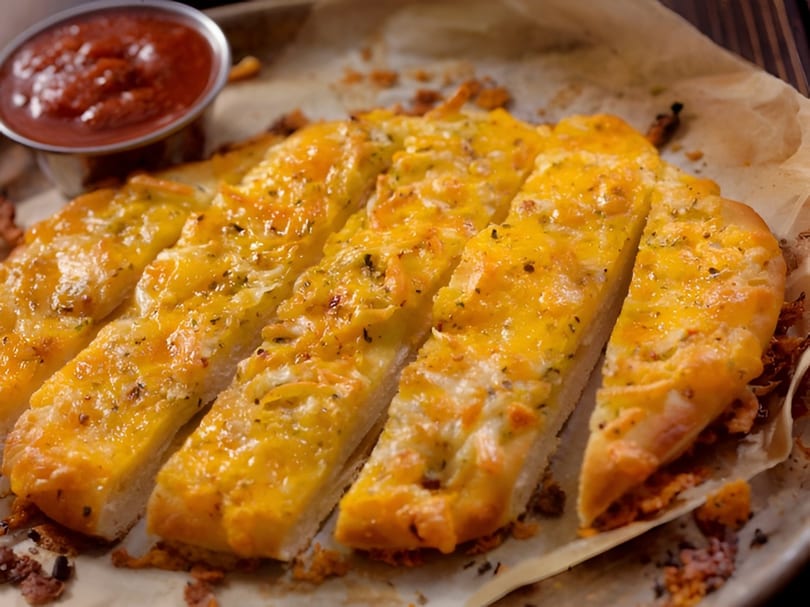 Cheesy garlic breadsticks with herbs and a side of marinara sauce on parchment paper.