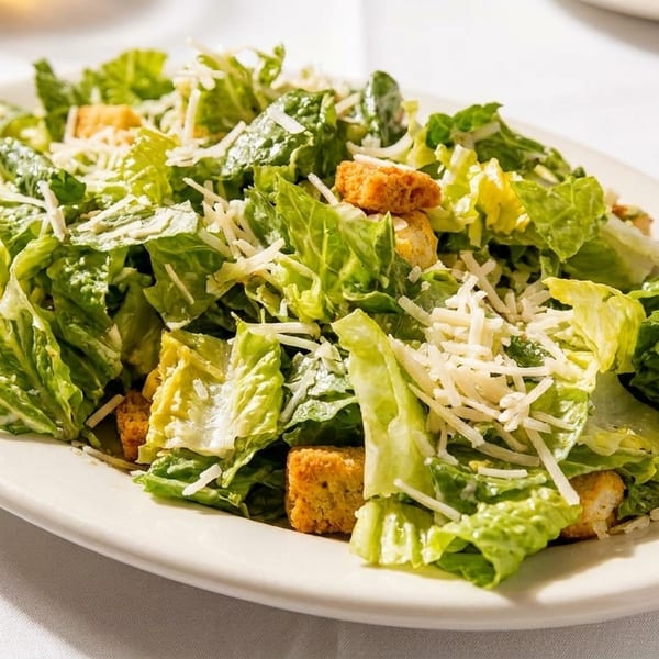 A Caesar salad with romaine lettuce, croutons, and shredded Parmesan cheese on a white oval plate.