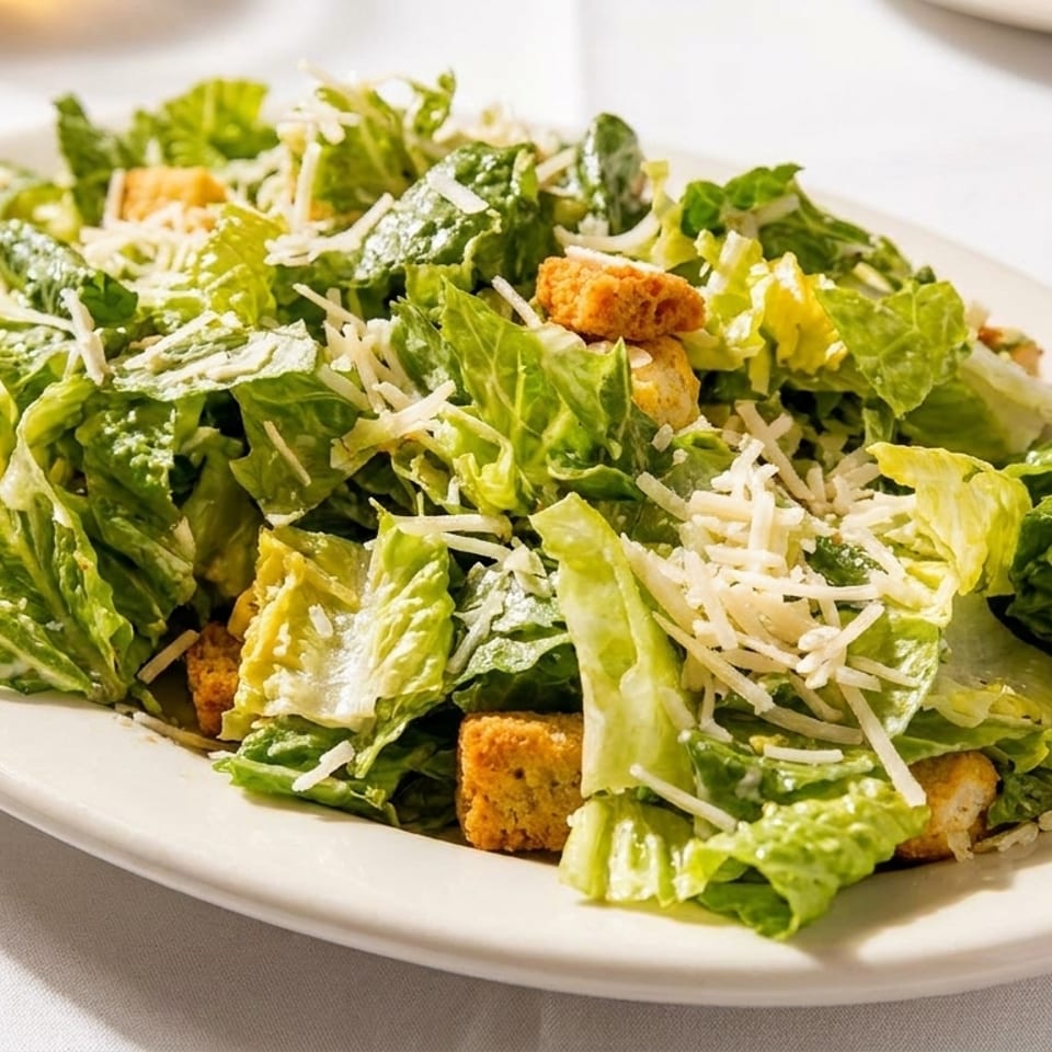 A Caesar salad with romaine lettuce, croutons, and shredded Parmesan cheese on a white oval plate.