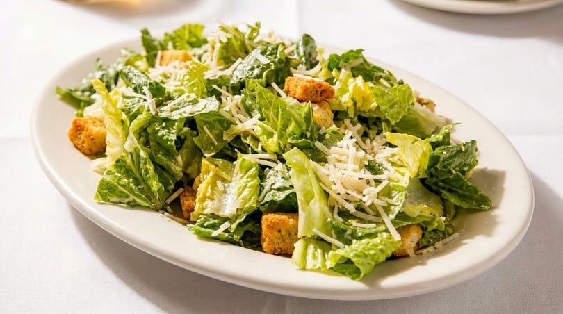 A Caesar salad with romaine lettuce, croutons, and shredded Parmesan cheese on a white oval plate.