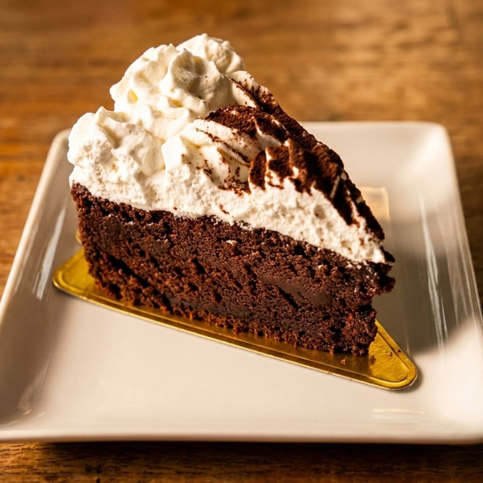 A slice of rich chocolate cake topped with whipped cream and cocoa powder on a white plate.